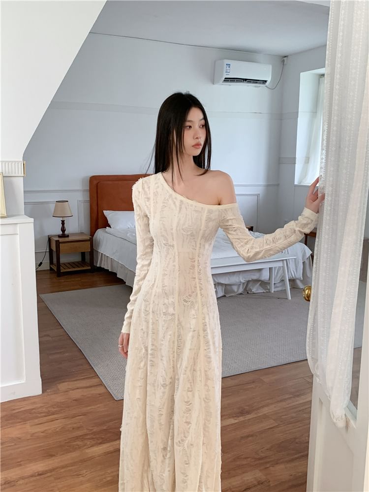 haruokiea - Lange mouw off-shoulder effen A-lijn maxi-jurk met distressed effect