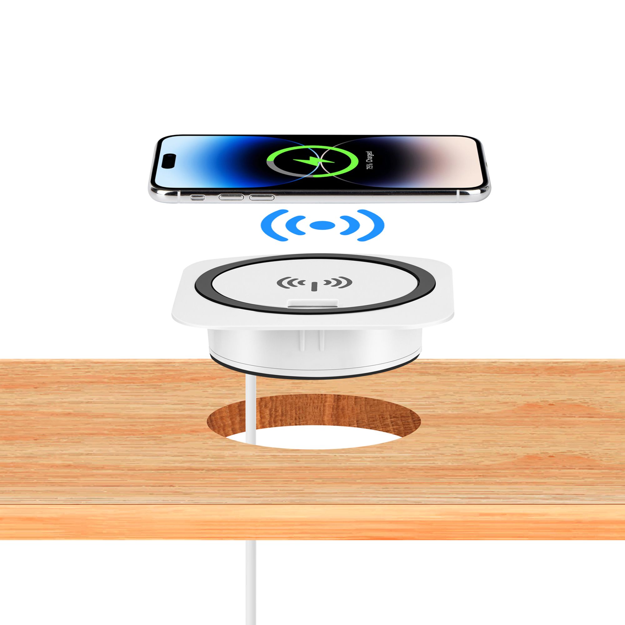 kalb | Einbau Schnellladegerät 15W, 7,5cm Ø, kabelloses Laden, 2x USB-Ports, Induktionsladegerät, weiß