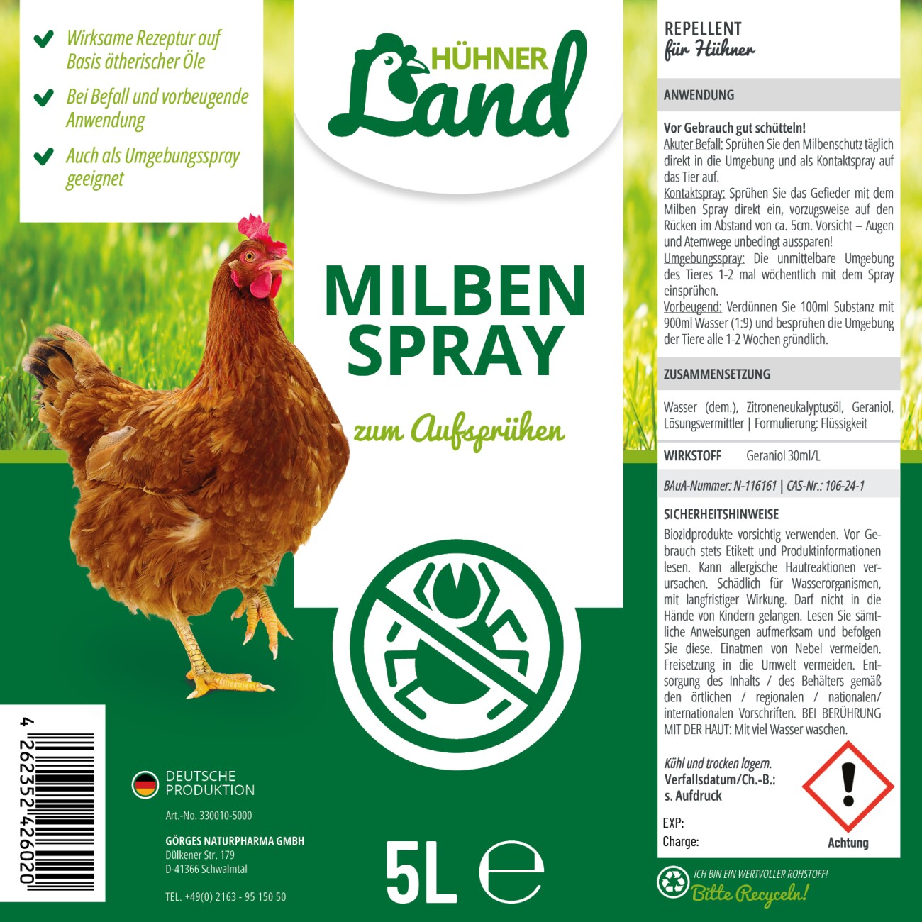 HÜHNER Land Milben Spray 5L + 1L Flasche