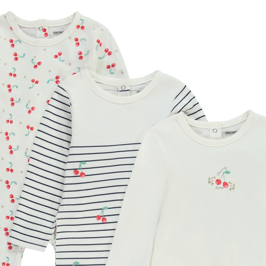 Lot de 3 dors-bien en jersey cerises pour bébé fille - Ecru