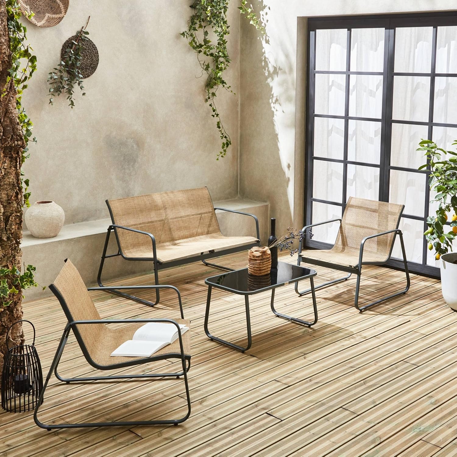 Alice's Garden - Gartenlounge aus Metall und Textilene für 4 Personen, Anthrazit und Natur, modern