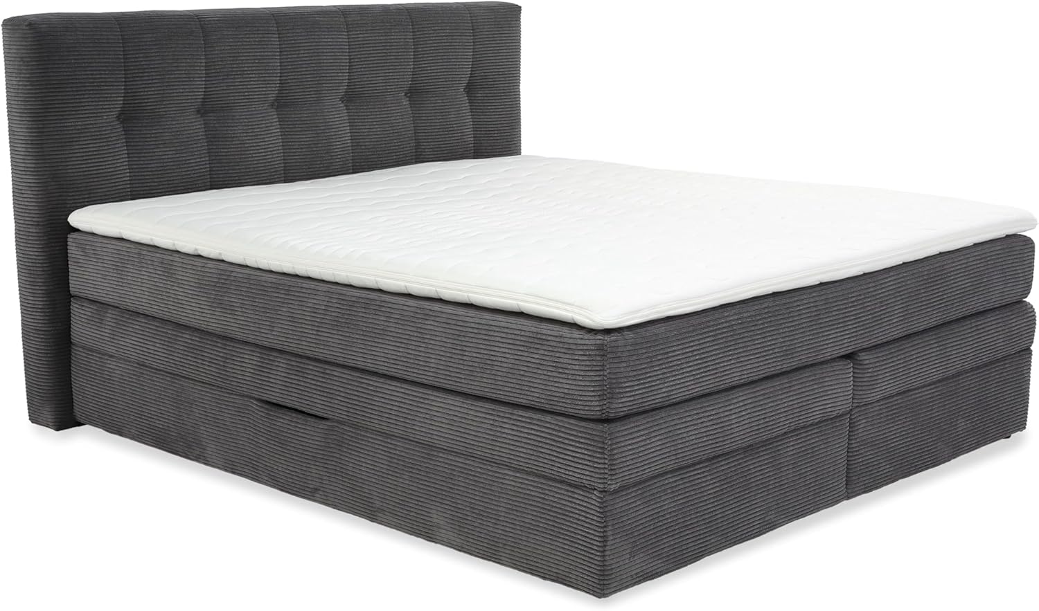 Modernes Boxspringbett 180x200 cm, 2x 7-Zonen-Tonnentaschen-Federkernmatratzen H3 inkl. Kaltschaum-Topper, Boxen mit Bonell-Federkernpolsterung und 2 Bettkästen, Bezug Cord Grau Anthrazit / 20038