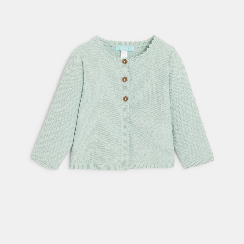 Gilet tricot maille fantaisie bords bourdon vert bébé fille
