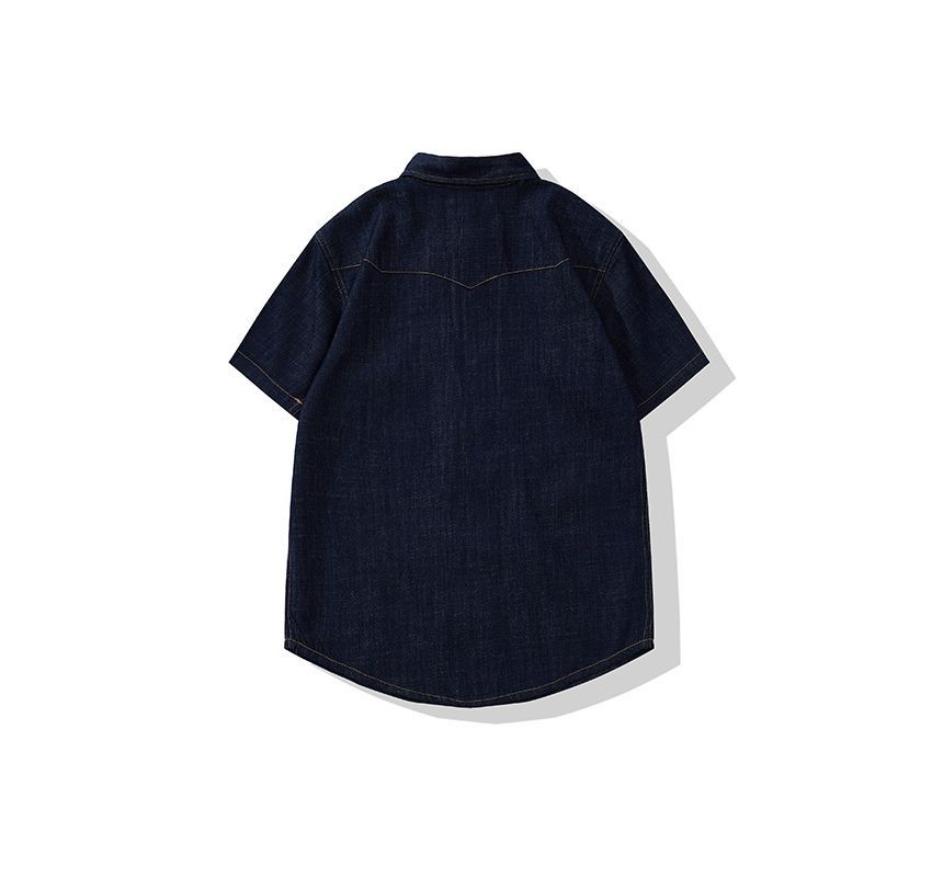 OKONKWO - Denim overhemd met korte mouwen, kraag en zakken