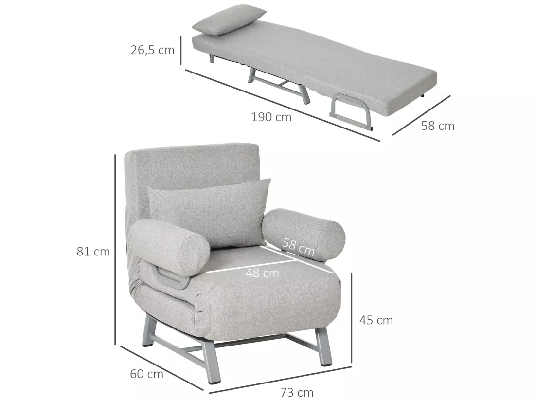 Fauteuil chauffeuse canapé-lit convertible inclinable 1 place grand confort coussin lombaires accoudoirs piètement métal lin gris clair