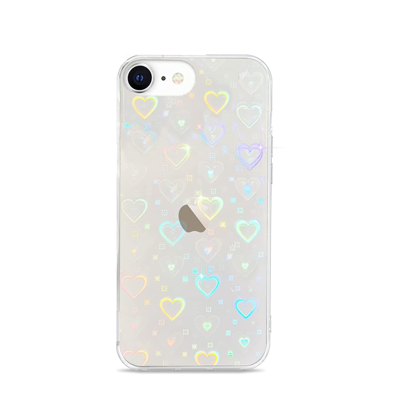 iPhone 16e Hybrid Hülle TPU Bumper   Laser Hologramm Glitzer Herze - Transparent