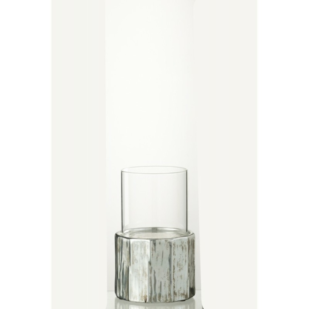 Photophore verre et en céramique argent 14x14x23 cm