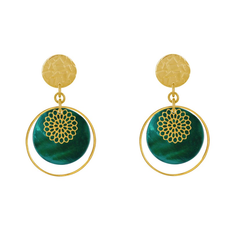 Boucles d'Oreilles Clous Métal Doré Cercle et Pastille de Nacre