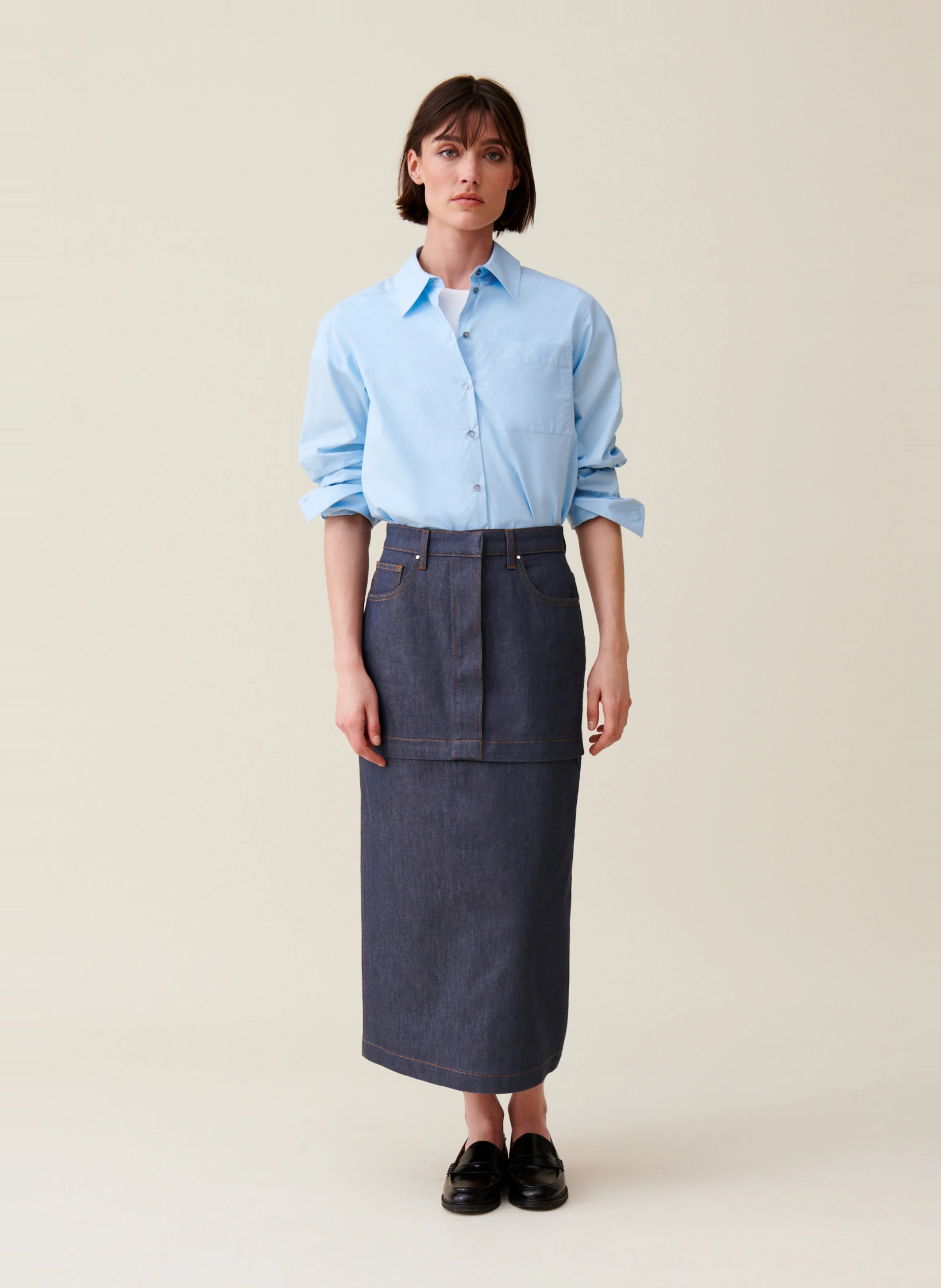 Jupe denim zippée en coton mélangé | Bleu