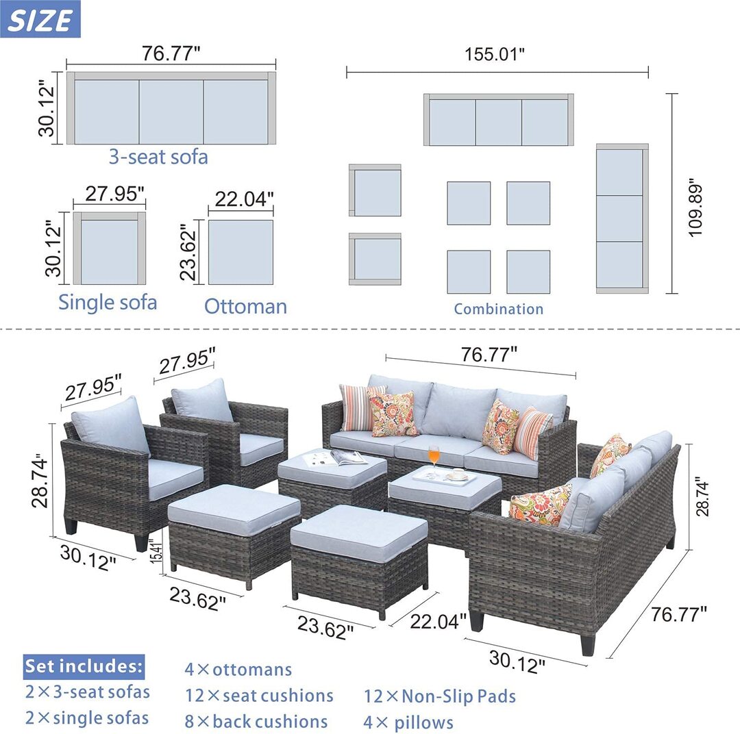 Patio Furniture 8 PCS Hight Back Outdoor Furniture Sets Modern Wicker Patio Furniture Conversation Sets with 4 Pillows All Weather Garden Patio Sofa
