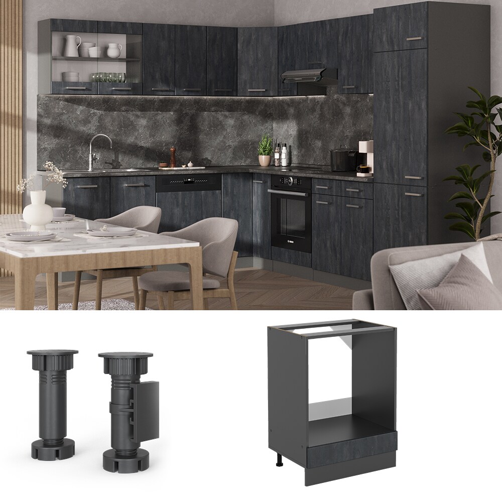 Vicco Herdumbauschrank R-Line Schwarz Beton Anthrazit 60 cm mit Arbeitsplatte Anthrazit