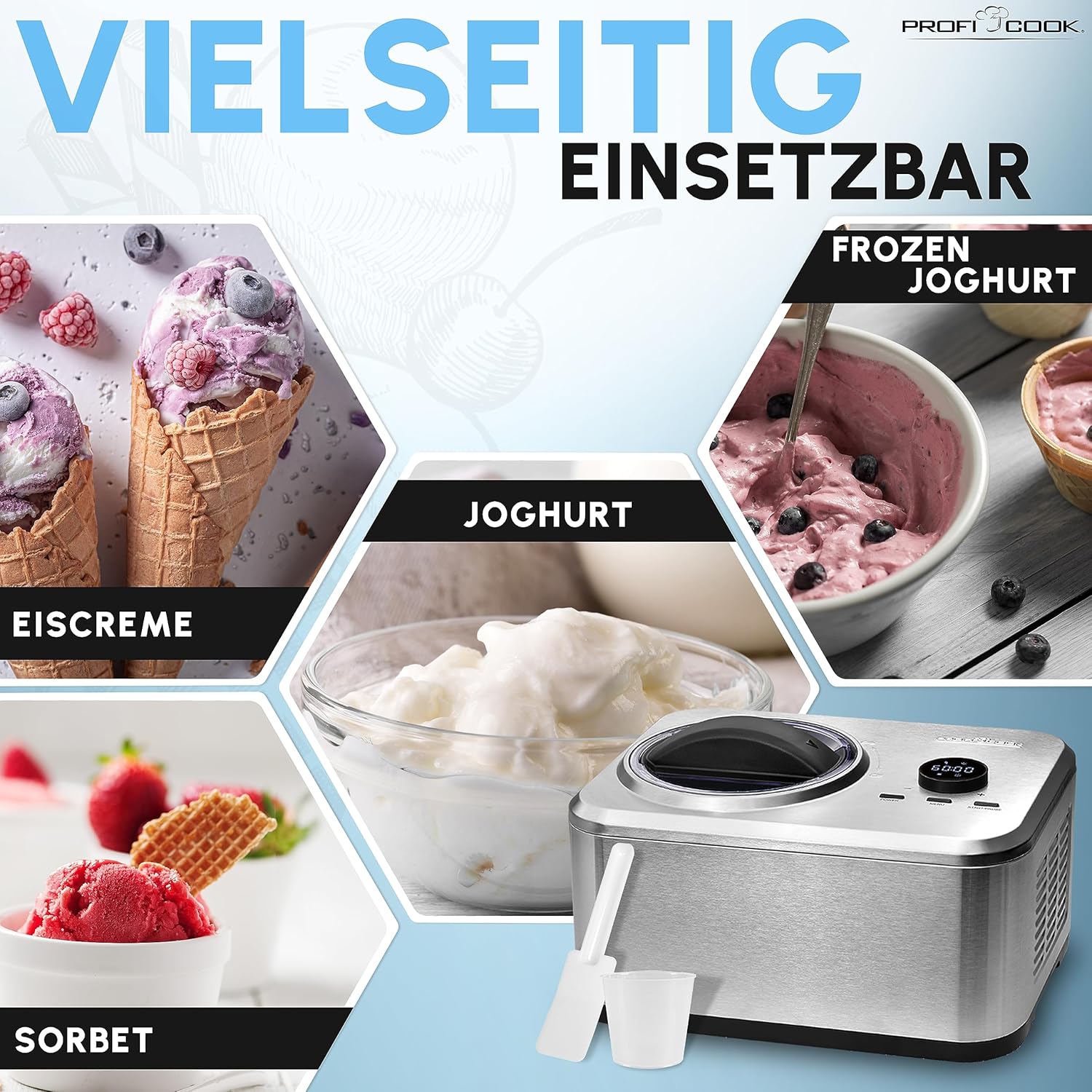 ProfiCook Eismaschine und Joghurtbereiter | Eis in 20 min. | für bis zu 1500ml | Eismaschine mit Kompressor | für Eis & Frozen Joghurt | Inkl. Rezeptvorschläge, Spachtel und Messbecher | PC ICM 1268