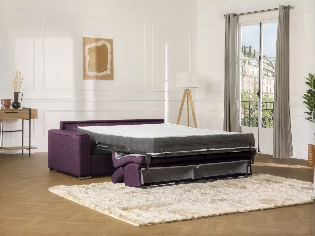 Canapé 2 places convertible express en tissu violet - couchage 120 cm - Matelas 14 cm avec mémoire de forme VIZIR