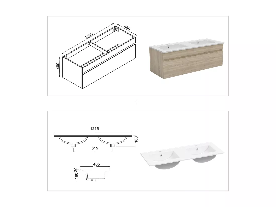 Meuble double vasque 120cm avec miroir 3 couleurs et dimmable chêne wotan