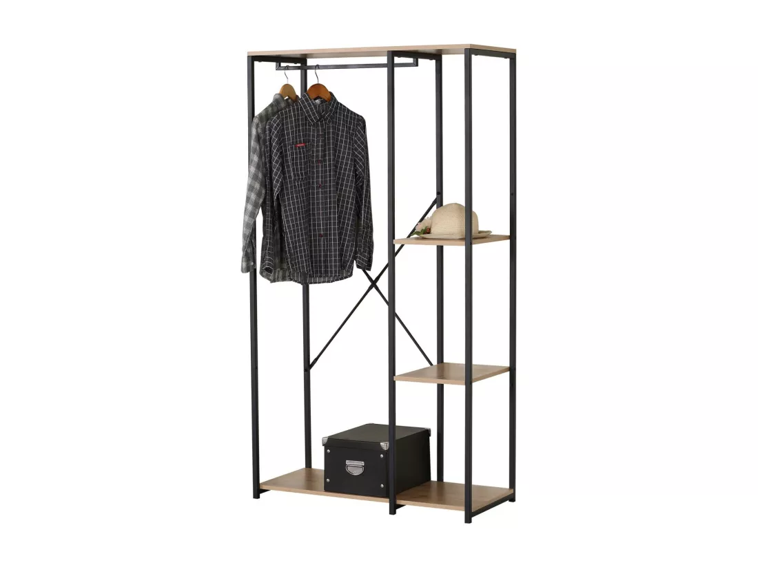 Porte-manteau / dressing ouvert avec 2 étagères et penderie collection HOLBORN – Dimensions 90x40x167 cm, coloris chêne et noir