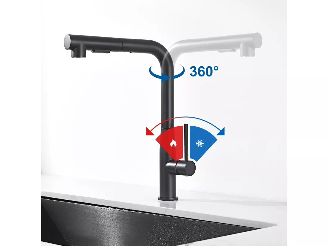 2PCS AURALUM MAX Robinet Cuisine, Mitigeur d'Évier Inox avec Douchette Extractible,2 Modes Jets Eau Froide/Chaude Rotatif à 360° ,Bec en Forme L,Noir