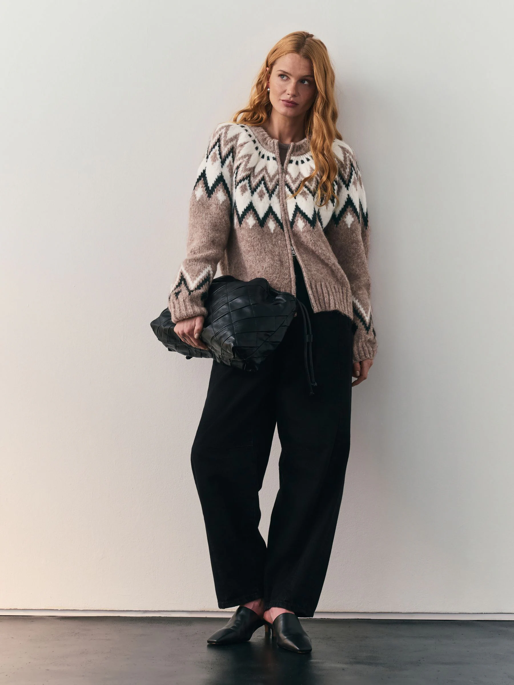Taupe - Nothing Ordinary Check Fairisle Pattern Knit Zip Through Jumper With Wool