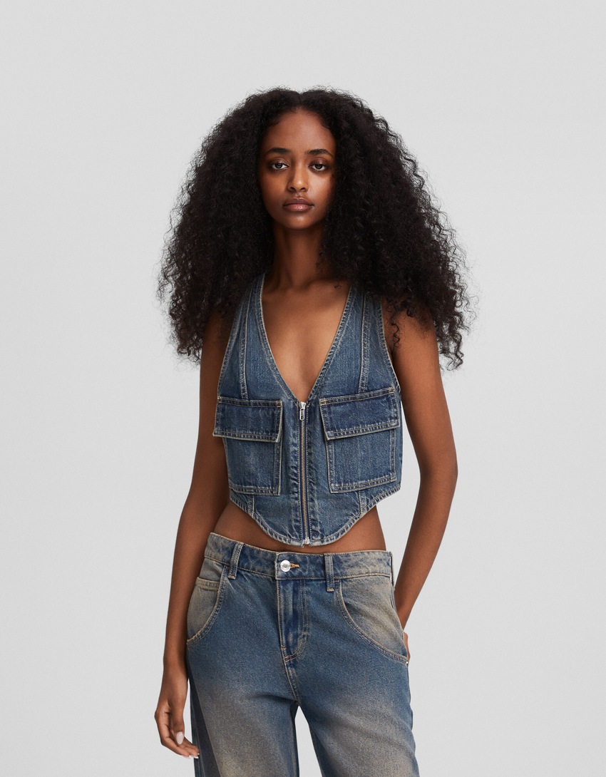 Colete jeans com zíper
