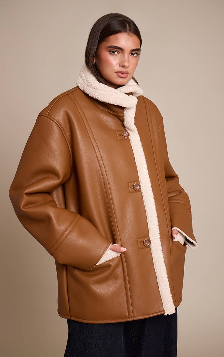 Marron Manteau Aviateur Col Montant En Synthétiquecuir