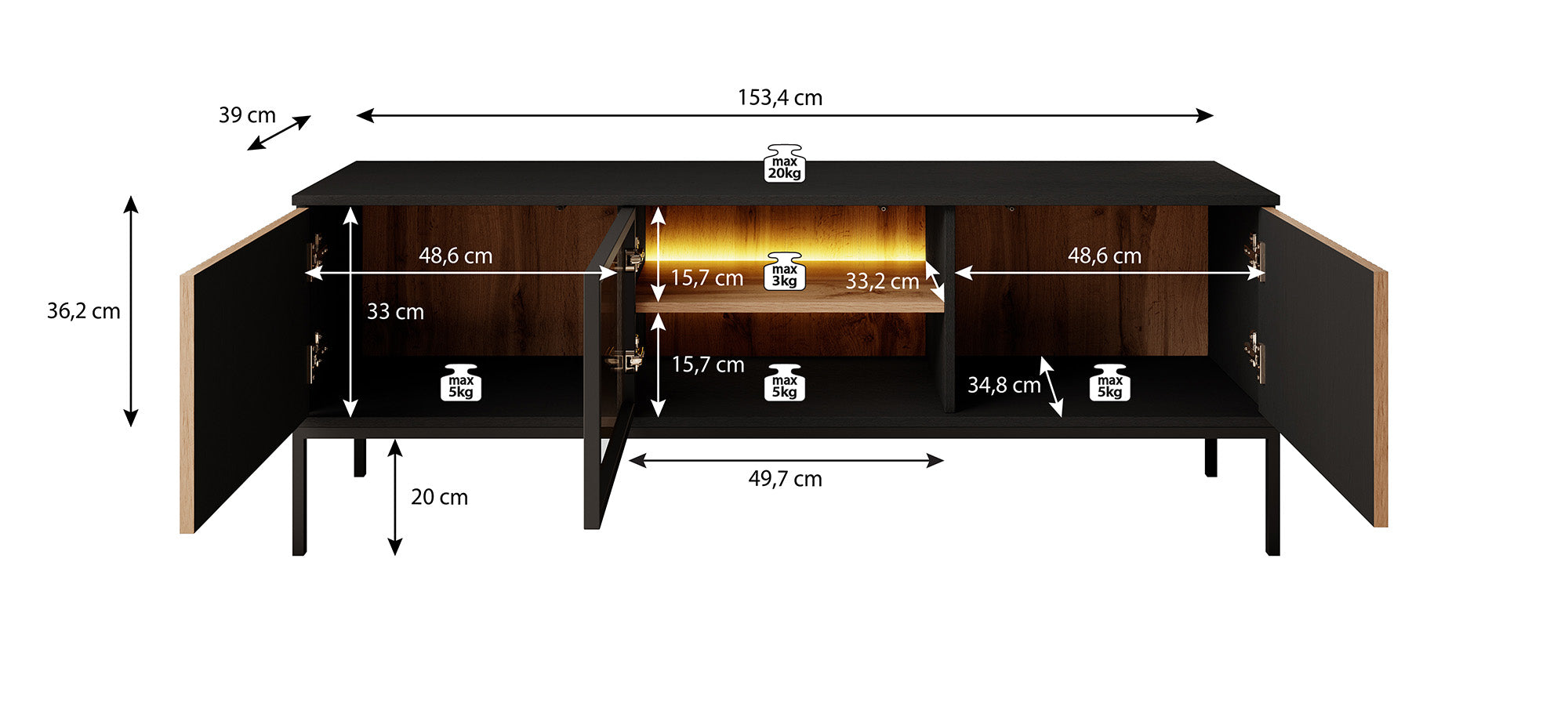 Meubella - TV-Meubel Legend - Mat zwart - Eiken - 154 cm