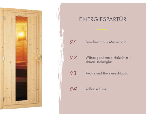 Karibu Melanit 1 modulaire sauna inclusief 9 kW biooven en externe regeling, zonder dakrand, met houten deur en isolatieglas, thermisch geïsoleerd.