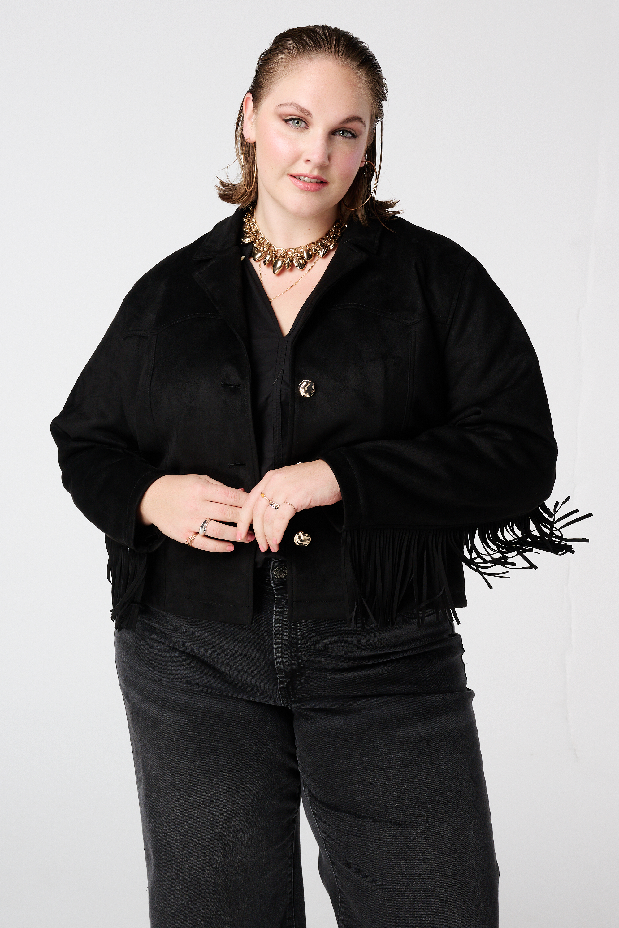 Suèdine jacket met franjes Zwart