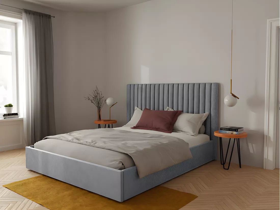 Lit coffre 160 x 200 cm avec tête de lit coutures verticales - Tissu - Gris + Matelas - SARAH
