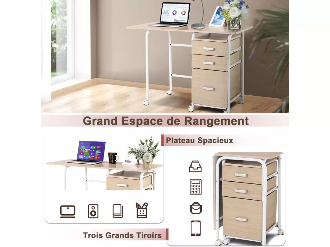 Bureau Pliable avec 3 Tiroirs, Table d'Écriture Roues Verrouillables, Bureau à Domicile Roulant avec Cadre en Métal, Bureau Compact pour Dortoir, Appartement Naturel