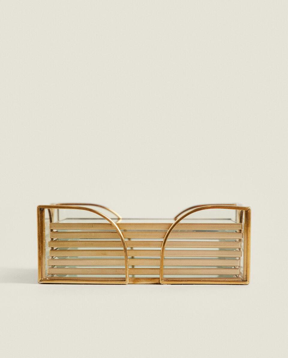 Conjunto de 6 porta-copos de vidro com acabamento metálico