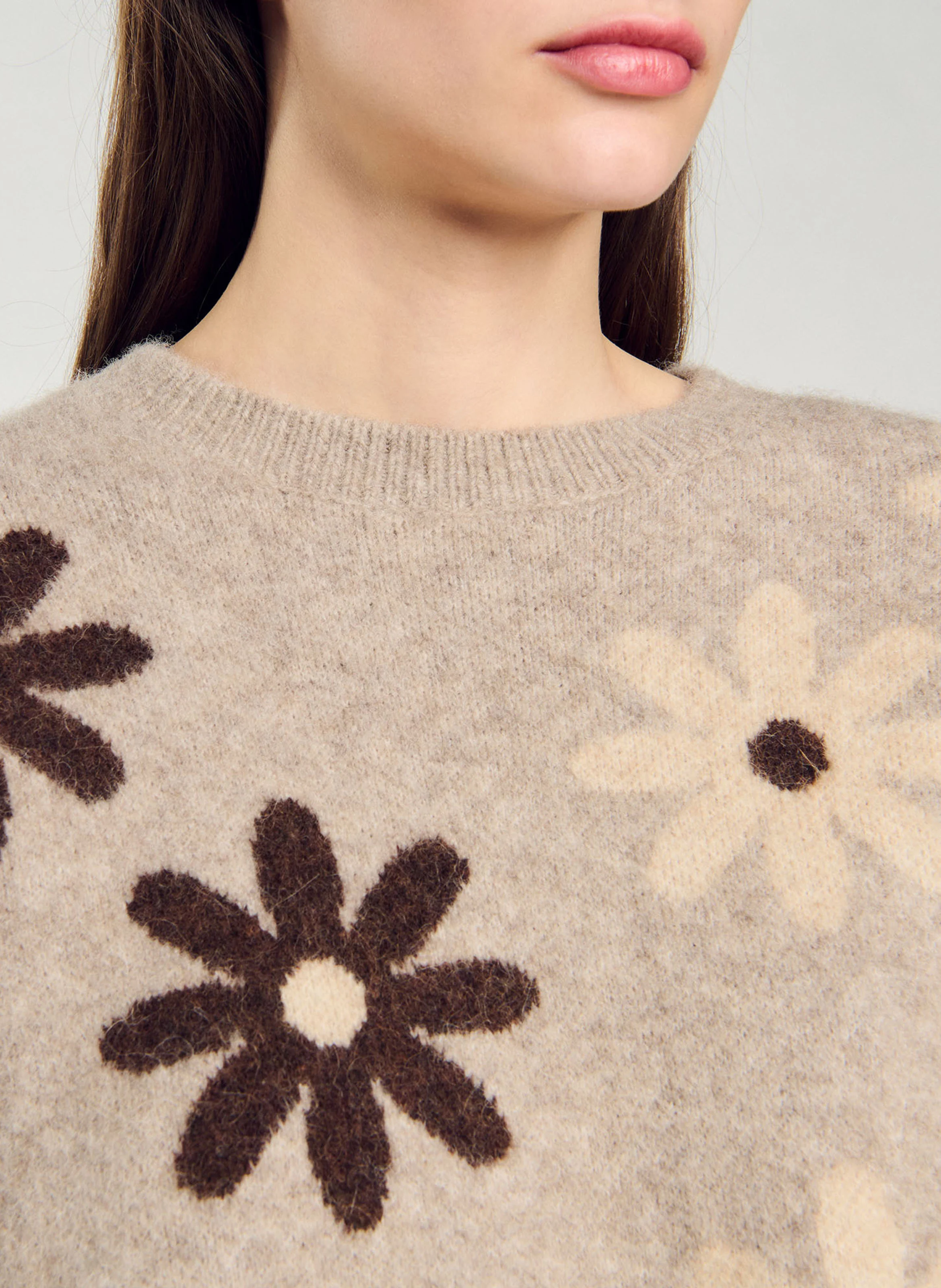 Pull droit col rond à imprimé floral | Beige