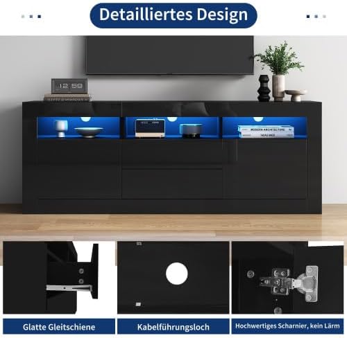 Merax TV Schrank Lowboard 160 cm mit Hochglanz-Optik, LED-Beleuchtung, Push-to-Open Schubladen, 3 offene Fächer & Stauraum für TV bis 70 Zoll – Modernes Wohnzimmer Möbel