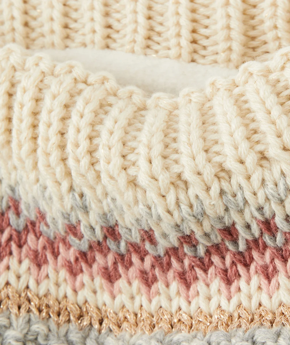 SNOOD TRICOT BÉBÉ FILLE EN FIBRES RECYCLÉES BEIGE AUX DÉTAILS ROSES