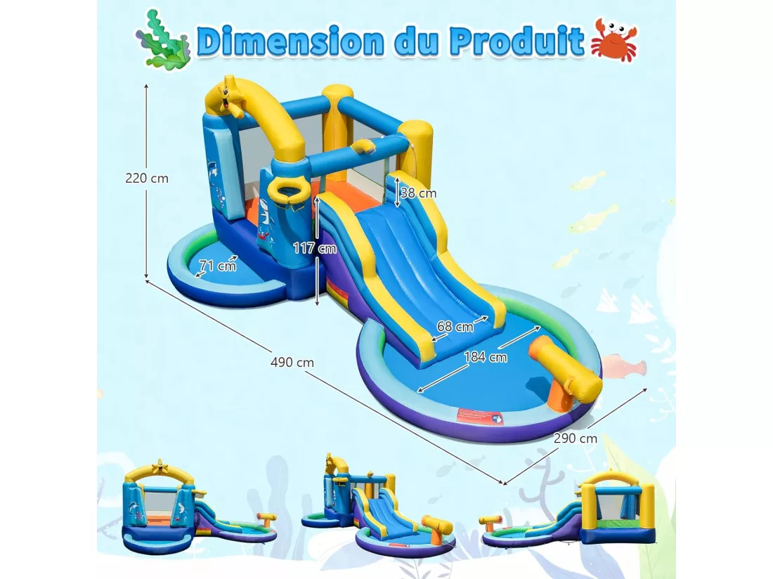 Château Gonflable Océan 6 en 1 avec Toboggan Aquatique & 2 Piscines, Maison de Rebond Gonflable avec Souffleur 680W, Canon à Eau, Zone de Saut, Charge 90kg pour 2 Enfants de 3-10 Ans
