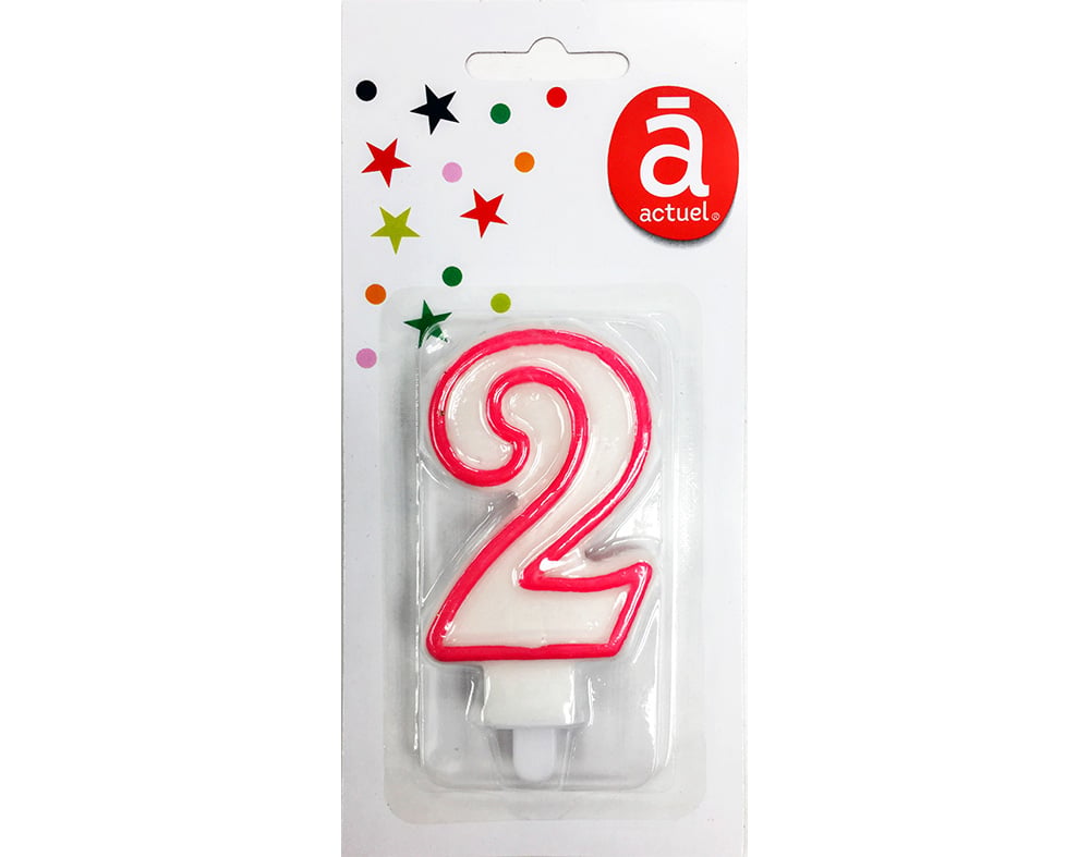 VELA DE ANIVERSÁRIO NÚMERO 2 ACTUEL BRANCO COM REBORDO COLORIDO