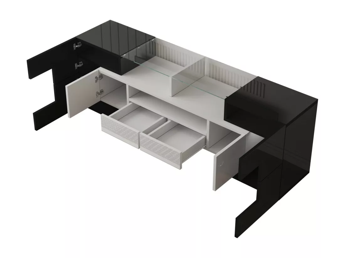 Meuble TV 2 tiroirs 6 portes et 3 niches, avec LEDs, charge max 60kg, Noir+Blanc, 145x30x51cm