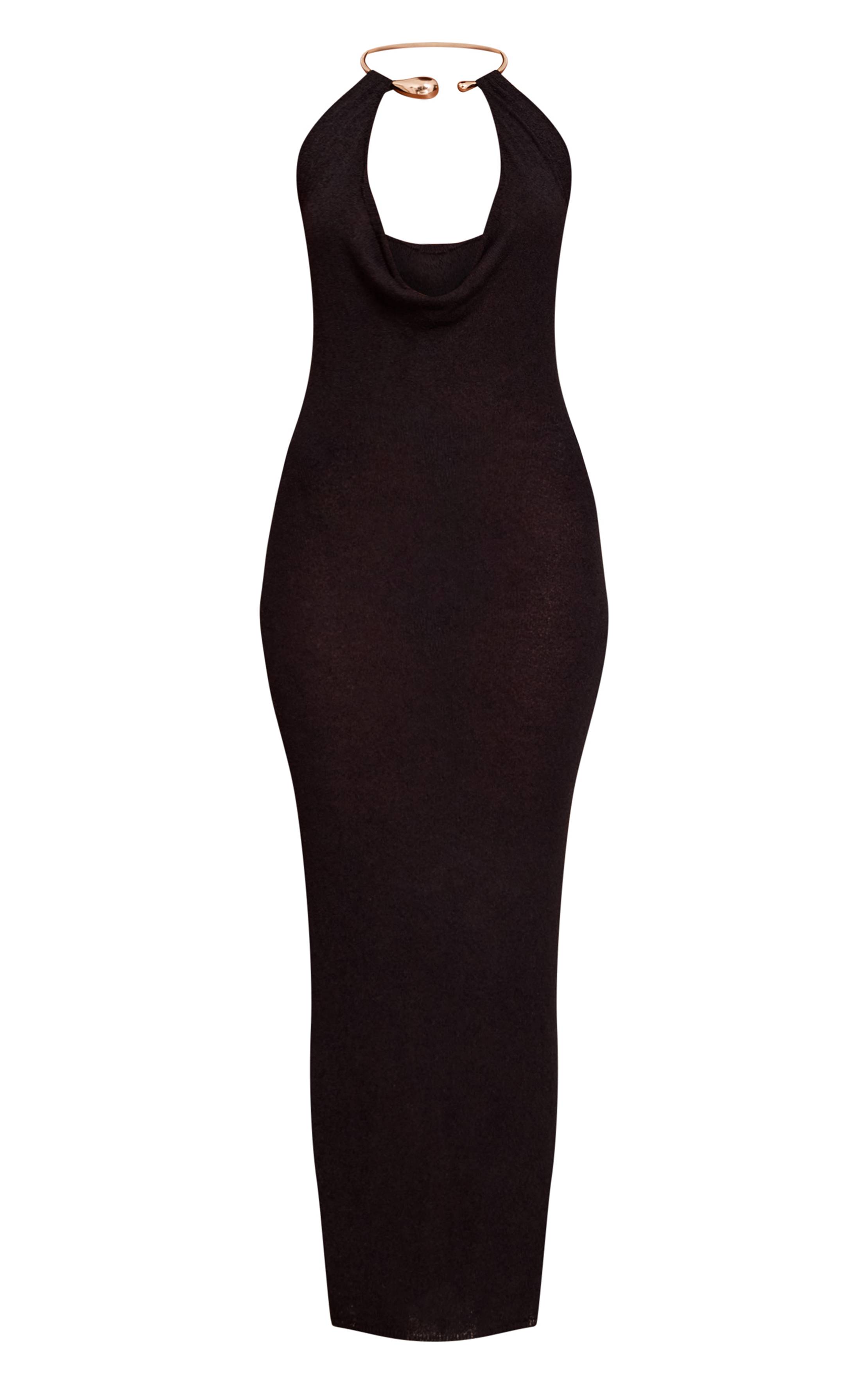 Noir Robe Maxi En Maille Avec Détail Manchette Dorée