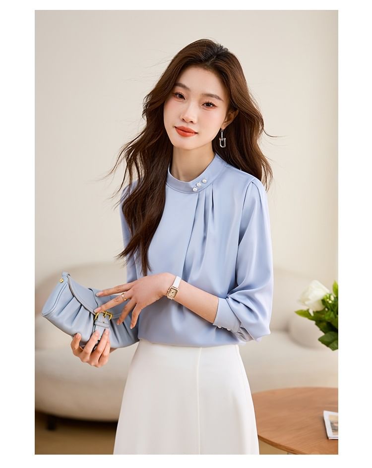 Kira Kira - Blouse met lange mouwen, bandkraag en effen kralen