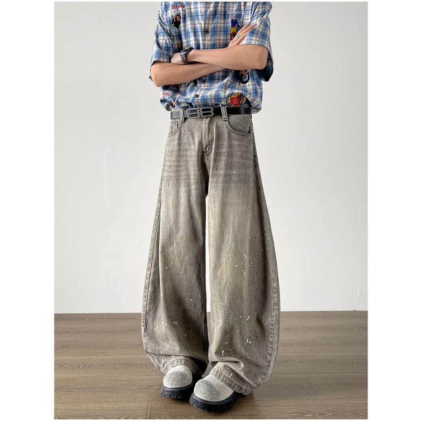 Filmas - Mid Rise Splash Print Washed Wide Leg Jeans