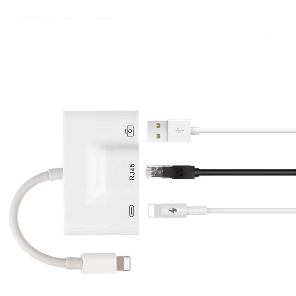 Lightning auf USB A Kamera / Ethernet LAN RJ45 (10/100 Mbits) Adapter mit Ladeanschluss für Apple iPhone / iPad - Weiss
