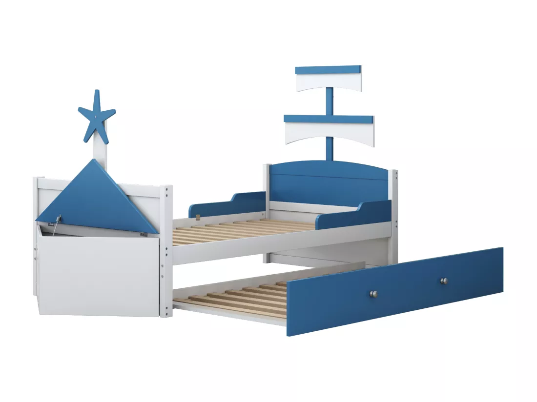 Lit gigogne 90 x 200 cm + 90 x 190 cm avec placard de rangement - Bois MDF - Bleu (sans matelas)