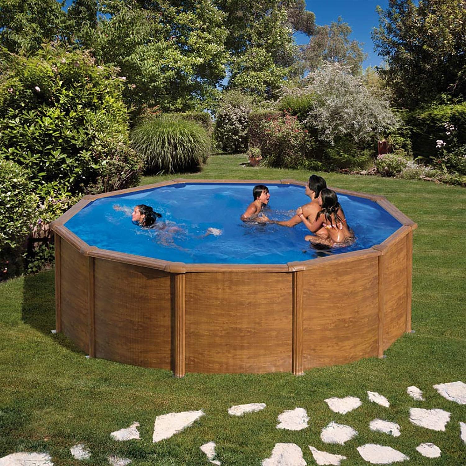 Paradies Pool® Gre Giant rund 460x120cm (Ø x H), Stahlwandbecken Holz, Poolplane in blau 0,4mm, Handlauf extra breit, inkl. Skimmer-Set und Leiter, Swimmingpool, Menge: 1 Stück