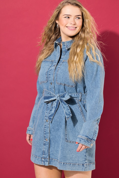 Jeanskleid, Straight Shape, Hemdkragen, Bindeband, Langarm
