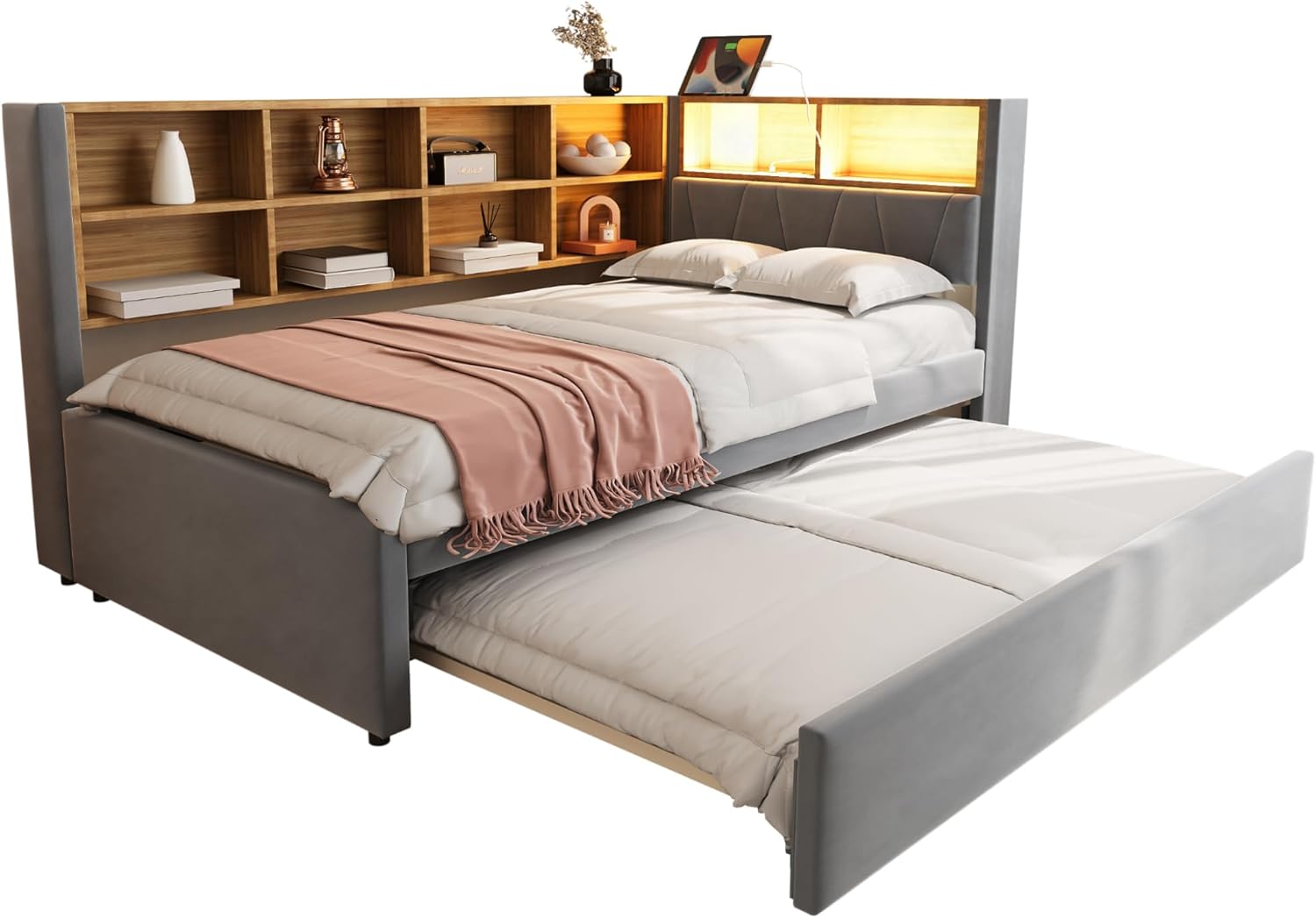 Polsterbett Einzelbett 90x200, Tagesbett Schlafsofa mit Ausziehbett&LED Licht&USB-Anschluss&vielen Ablagefächern, Bettgestell Gästebett Jugendbett mit Lattenrost, Flanell, Ohne Matratze, Dunkelgrau OX0194603