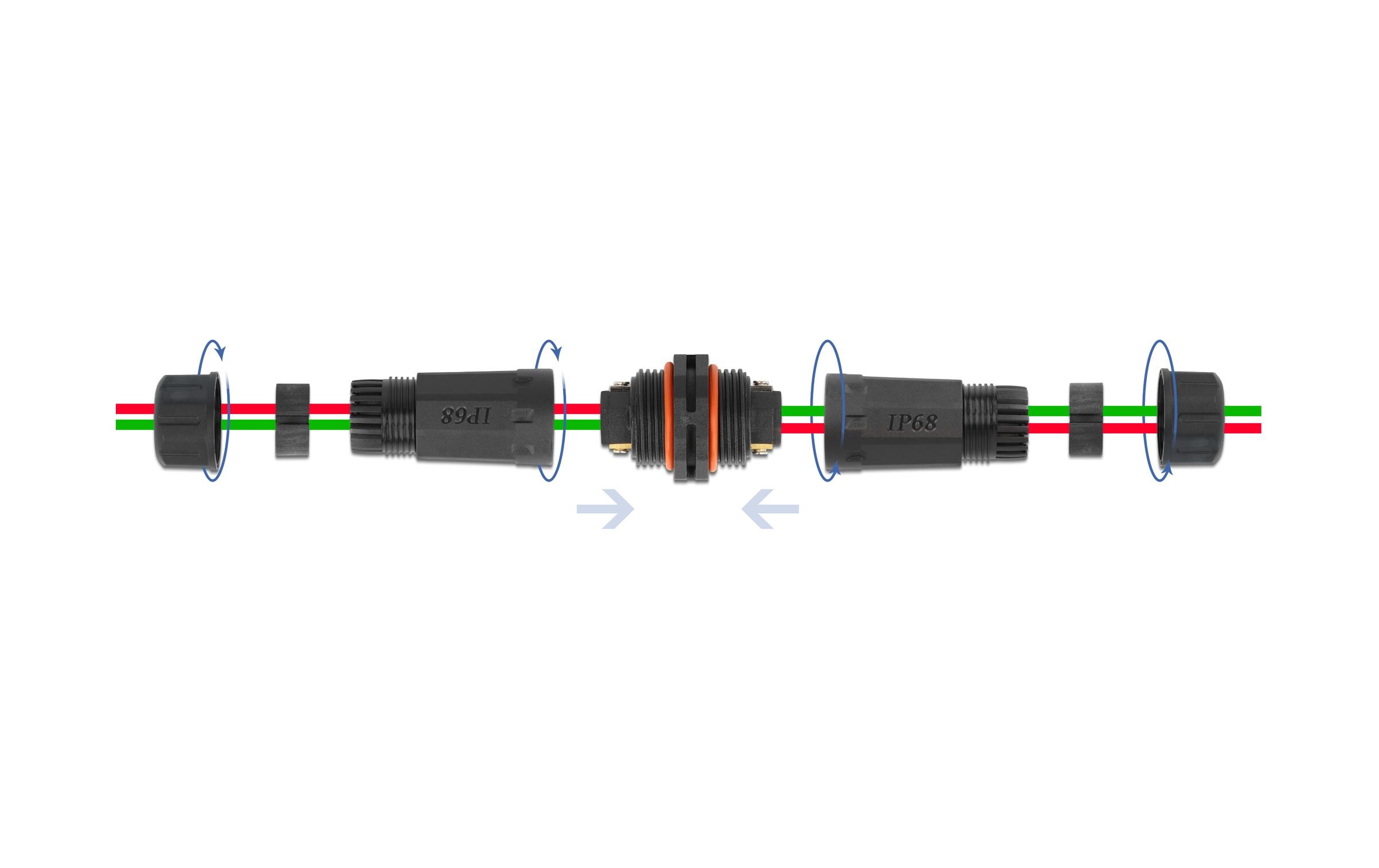 Verbindungsmuffe IP68, 2 Pin, 4.5 - 7.5 mm schwarzDelock Kabelverbinder für Aussenbereich 2 Pin, IP68 wasserdicht, schraubbar, Kabeldurchmesser 4.5 - 7.5 mm schwarz