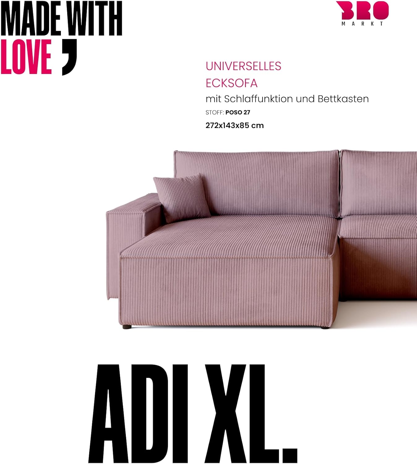 BROMARKT Sofa mit Schlaffunktion Couch L Cordstoff Sofa Bettkasten Schlafsofa für Wohnzimmer Ecksofa freistehend Adi XL Relaxsofa 3 sitzer 272x143x85 cm Rosa