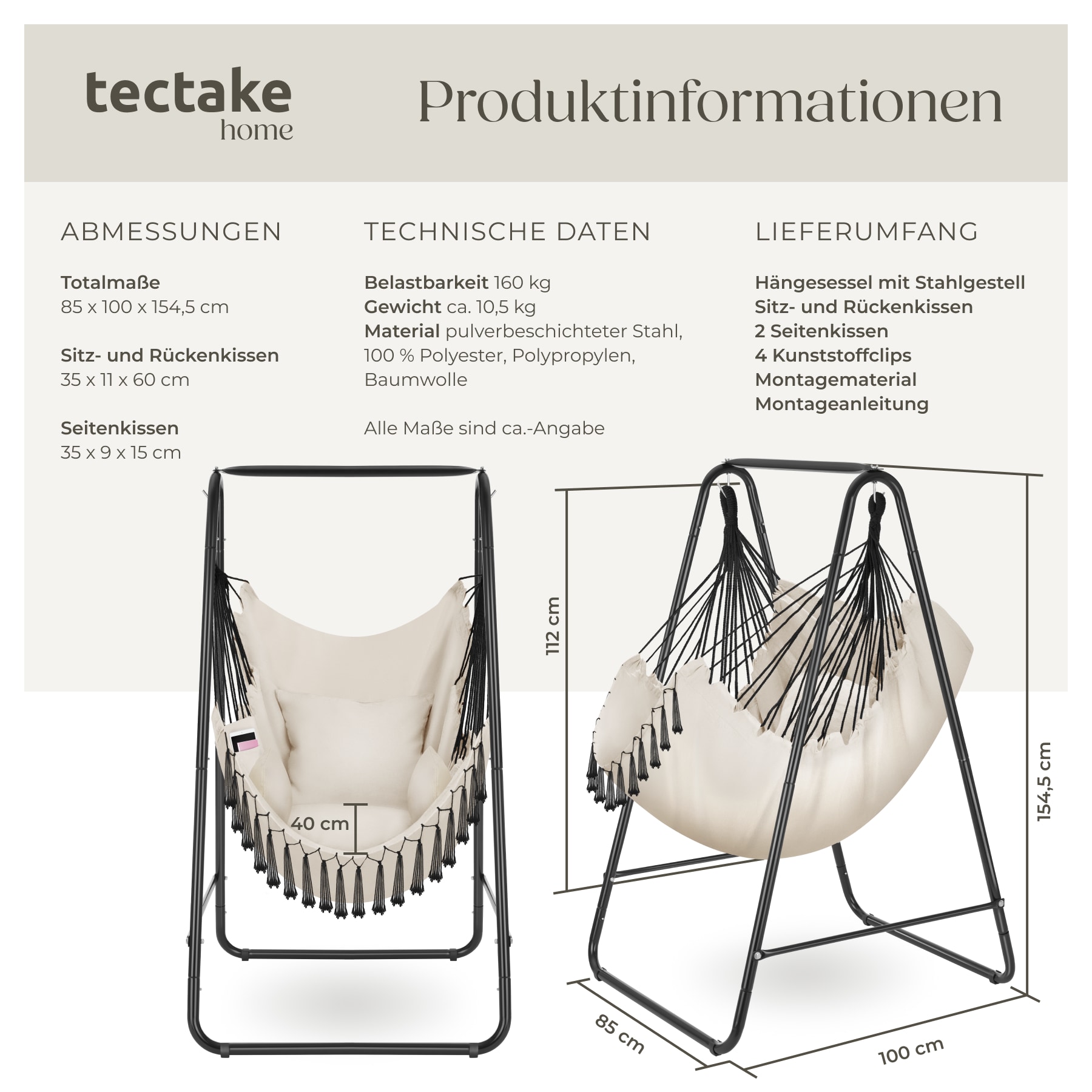tectake® Hängesessel, 3 extra dicke Kissen, Belastbarkeit 160 kg, große Zierquasten, 85 x 100 x 154,5 cm