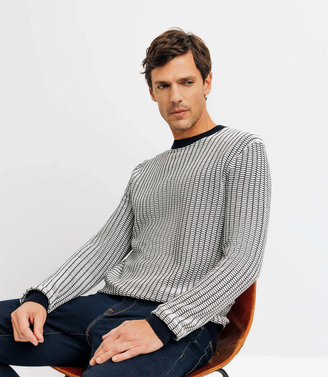 Pull col rond bicolore marine