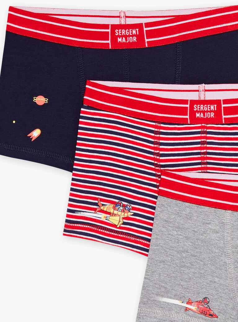 3 boxers bleu marine, rouge et gris à motif galaxies et imprimé à rayures