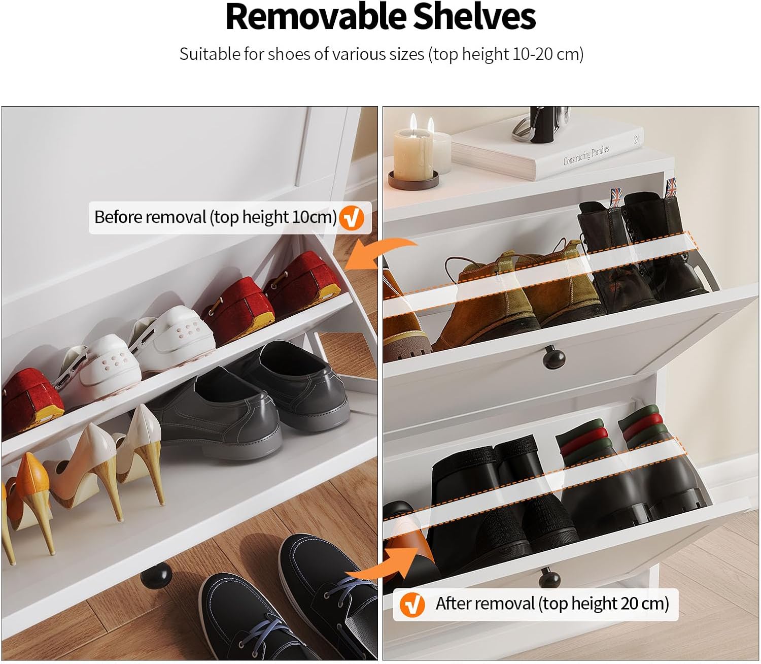 VOWNER Schuhschrank mit 4 Klappen, Schuhregal Schuhkipper Schmal, Schuhschrank Weiss, Schuhablage Verstellbar, 105 x 24 x 100 cm, Anti-Kipp-Vorrichtung für Eingangsbereich, Flur (Weiss)