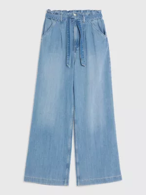 Calça jeans de cintura alta e pernas largas estilo paperbag
